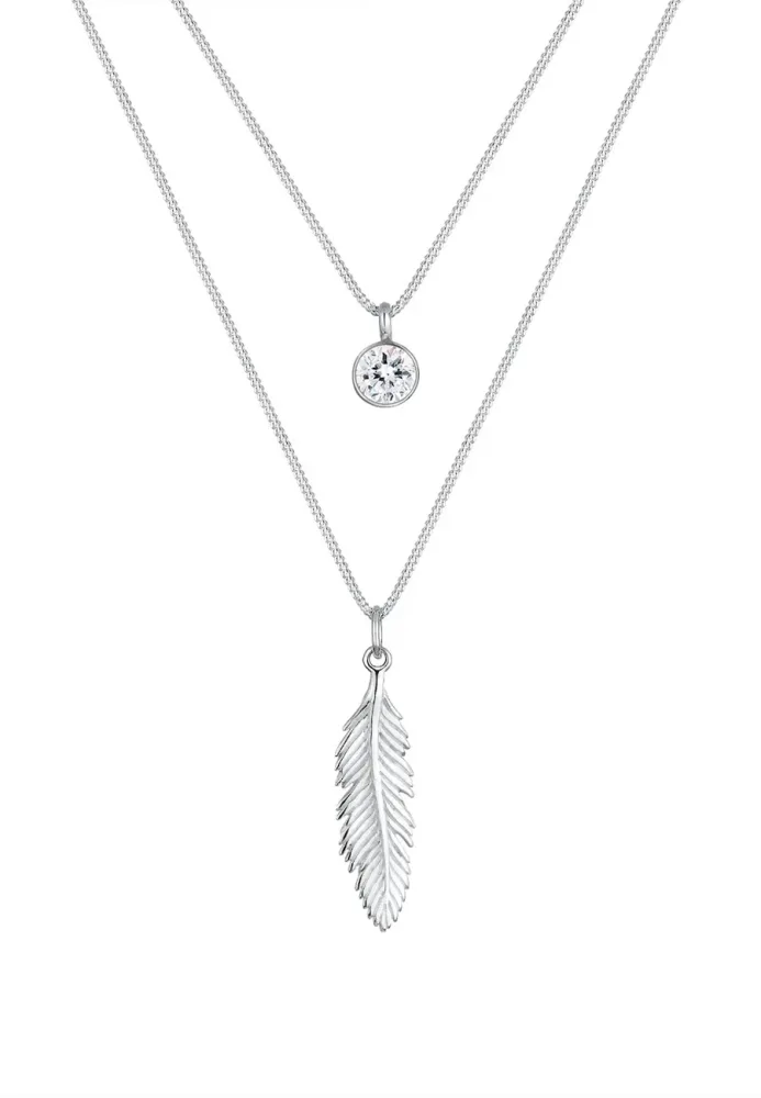 Elli - Halskette Layer-Design Feder Kristall, 45cm, Silber