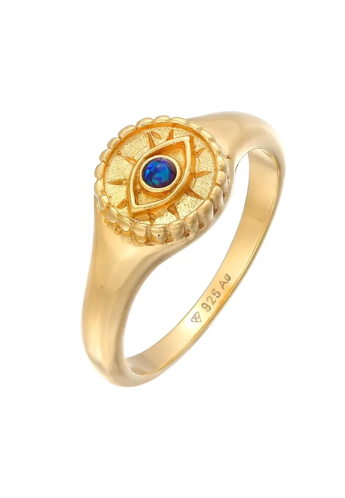 Elli - Ring  Ring Siegelring Evil Eye Blue Synth. Opal 925 Silber, 54mm, Gold