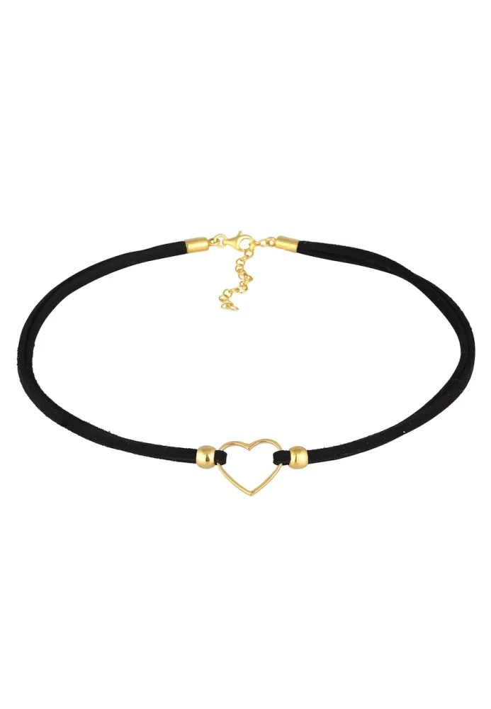 Elli - Halskette Choker Herz Velourband Schwarz 925 Silber, 32cm, Gold