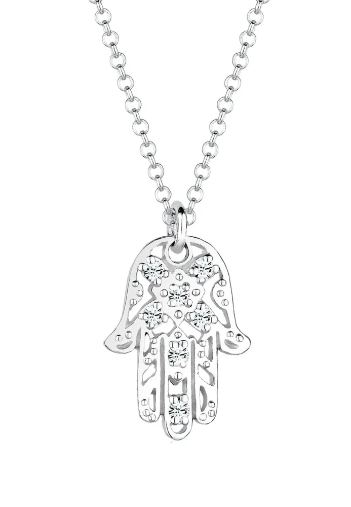 Elli - Halskette Hamsa Hand Kristalle, 45cm, Silber