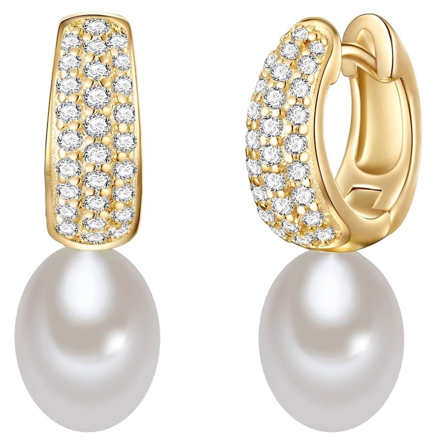 Lulu & Jane Perlen-Creolen aus Sterling Silber in Gelbgold mit Zirkonia und Süßwasser-Zuchtperle Ohrringe 1 ct Damen