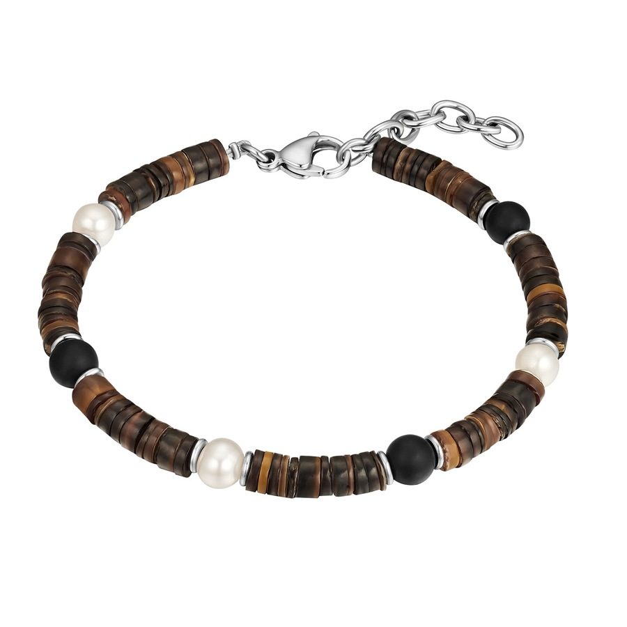 True Rebels Perlen-Armband aus Edelstahl in Silber mit Achat und Süßwasser-Zuchtperle/Muschelkernperle Armbänder & Armreife 1 ct Herren