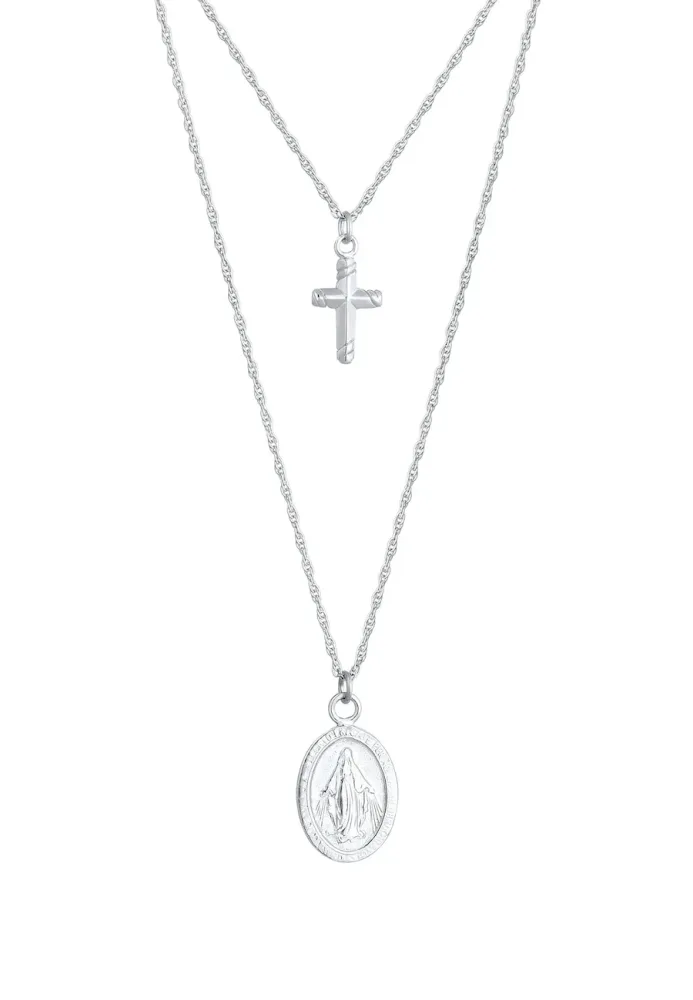 Elli Layering Kreuz Marienbild Zweireihig 925 Silber Ketten 1 ct Damen