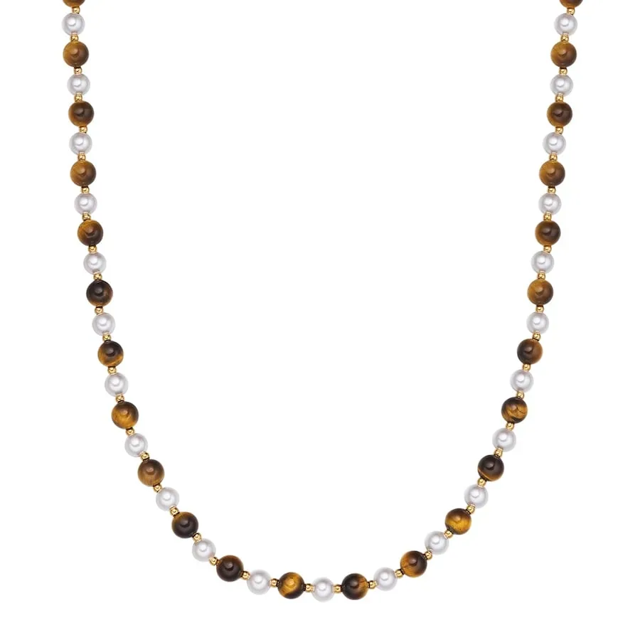 True Rebels Halskette aus Edelstahl in gelbgold mit Tigerauge Muschelkernperle Ketten 1 ct Herren
