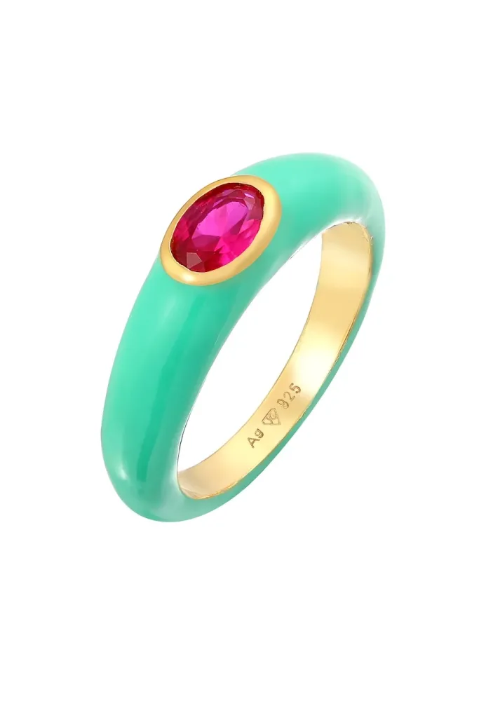 Elli - Ring Zirkonia Oval Solitär Emaille Bunt, 58mm, Türkisblau