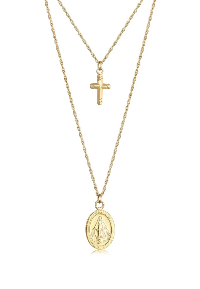 Elli - Halskette Layer Marienbild Kreuz Layer, 40cm, Gold