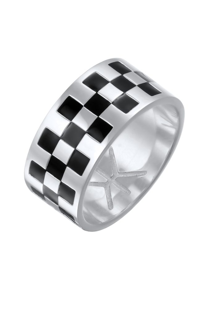KUZZOI Bandring Schachbrettmuster Emaille 925 Sterling Silber Ringe 1 ct Herren