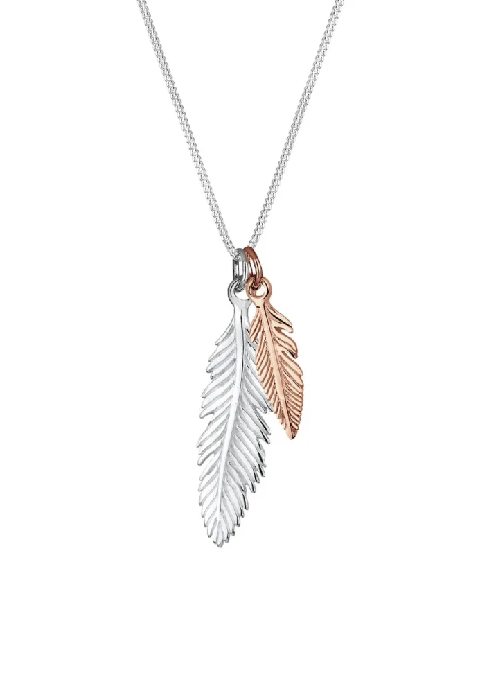 Elli - Halskette Feder Bi-Color Boho Look, 45cm, Silber