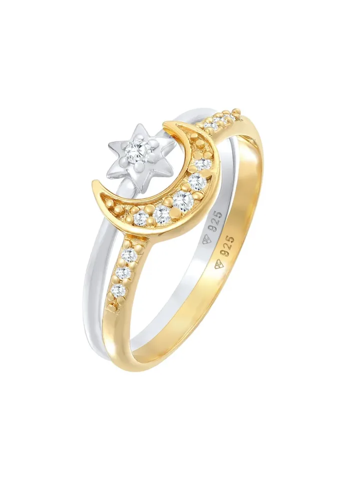 Elli Elli Ring Stern Mond Zirkonia Stapelring 2er Set 925 Silber Ringe 1 ct Damen