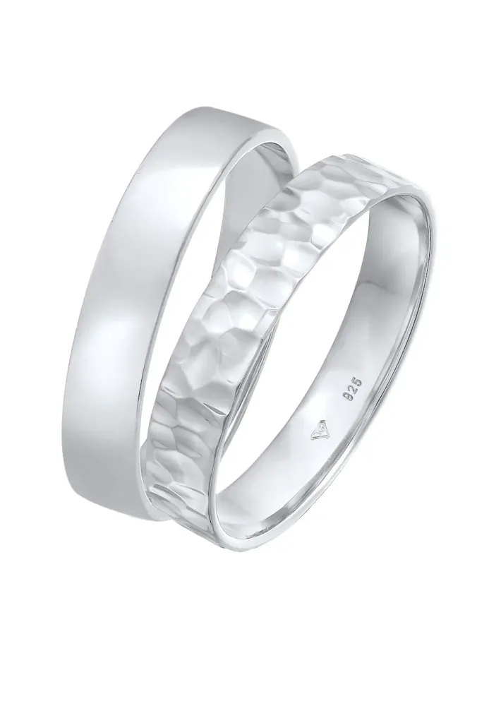Kuzzoi - Ring Set Unisex Basic Gehämmert 925 Silber, 56mm