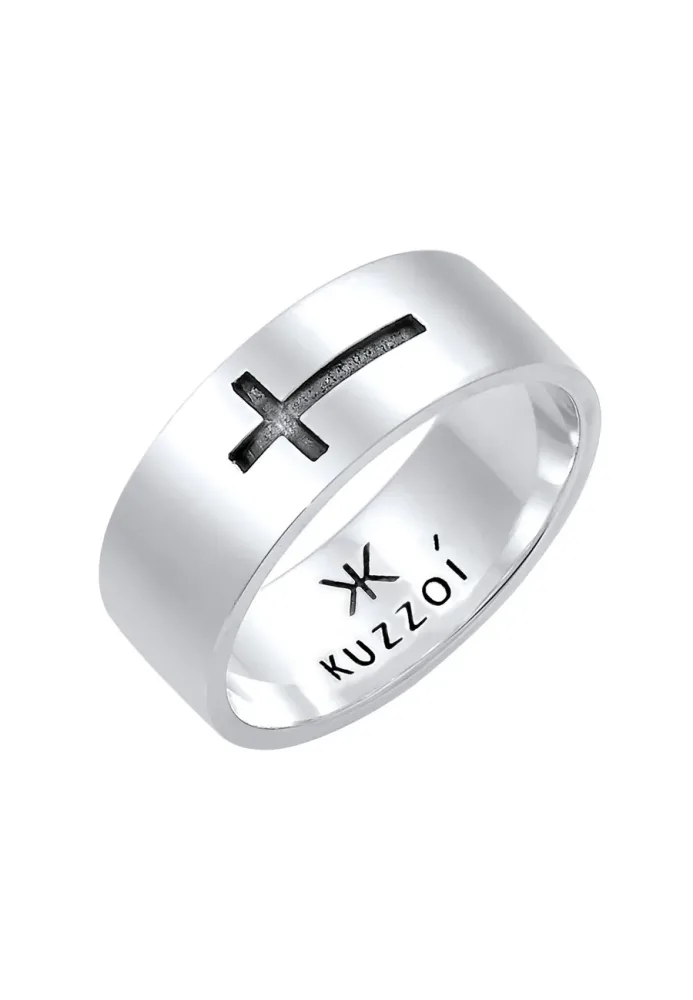 KUZZOI Herren Bandring Glanz Kreuz Oxidiert 925 Silber Ringe 1 ct