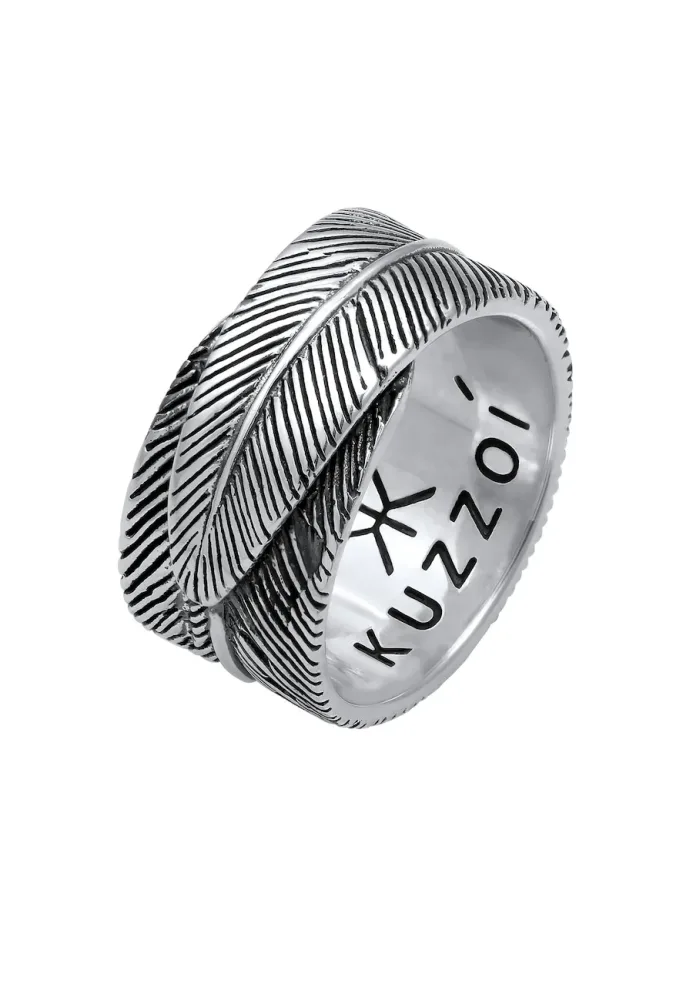 Kuzzoi - Ring  Feder Vintage Trend Oxidiert 925 Silber, 62mm, Schwarz
