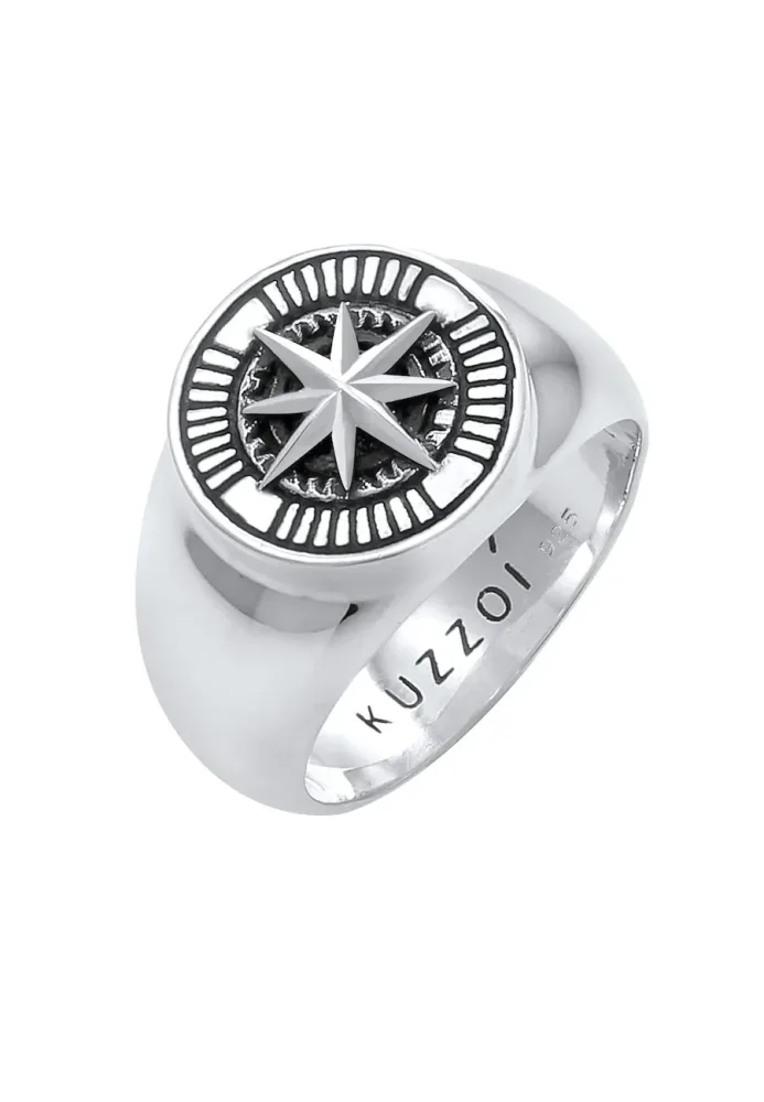 Kuzzoi - Ring  Siegelring Kompass Oxidiert 925 Silber, 62mm