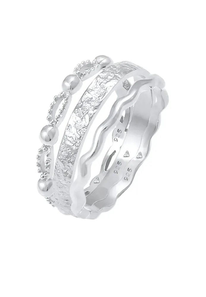 Elli 3er Set Wellen Kugel Bandring Gehämmert 925 Silber Ringe 1 ct Damen