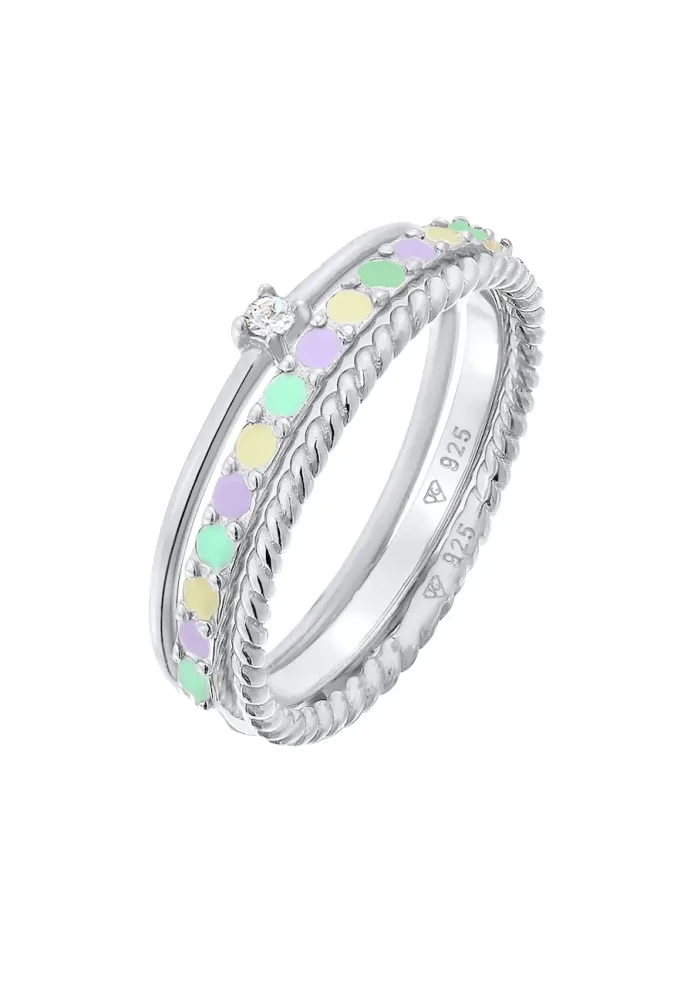 Elli - Ring Multi-Color Emaille Kristall 3Er Set, 62mm, Silber