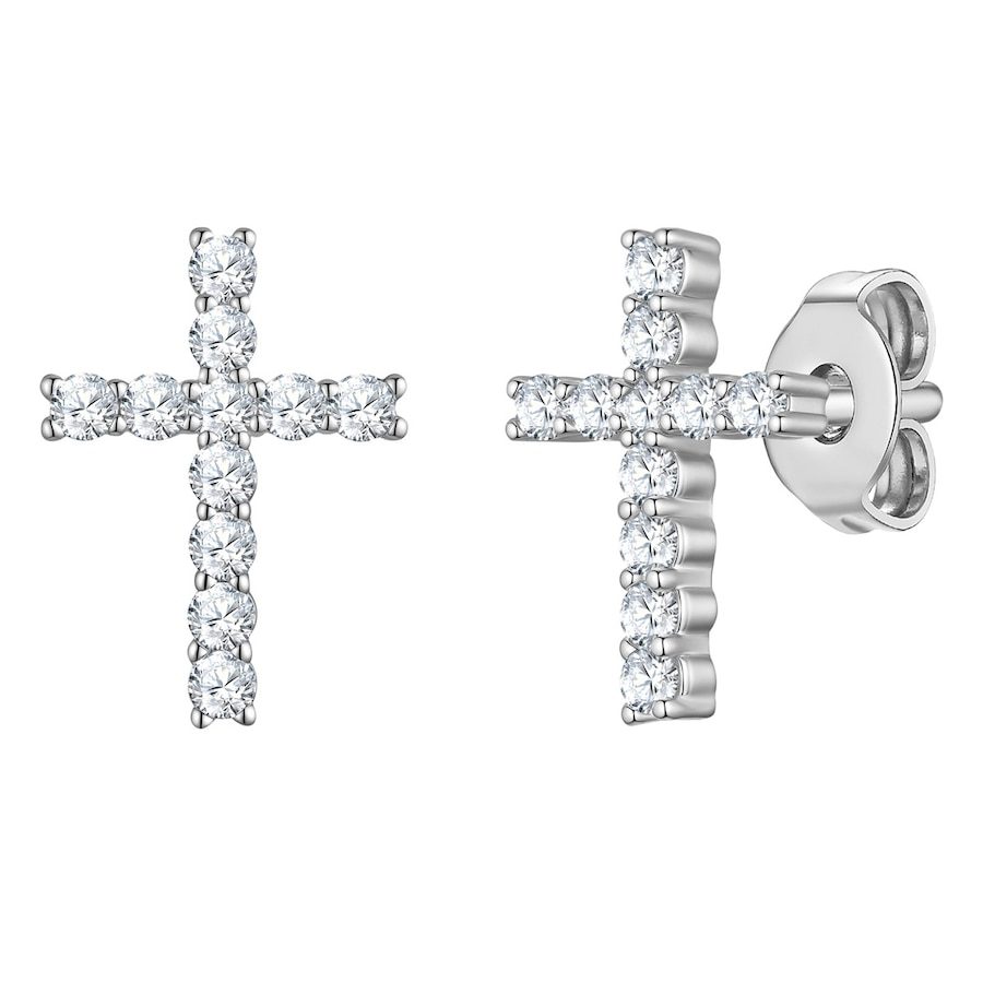 Lulu & Jane Ohrstecker Kreuz aus Messing in silber mit Zirkonia Ohrringe 1 ct Damen