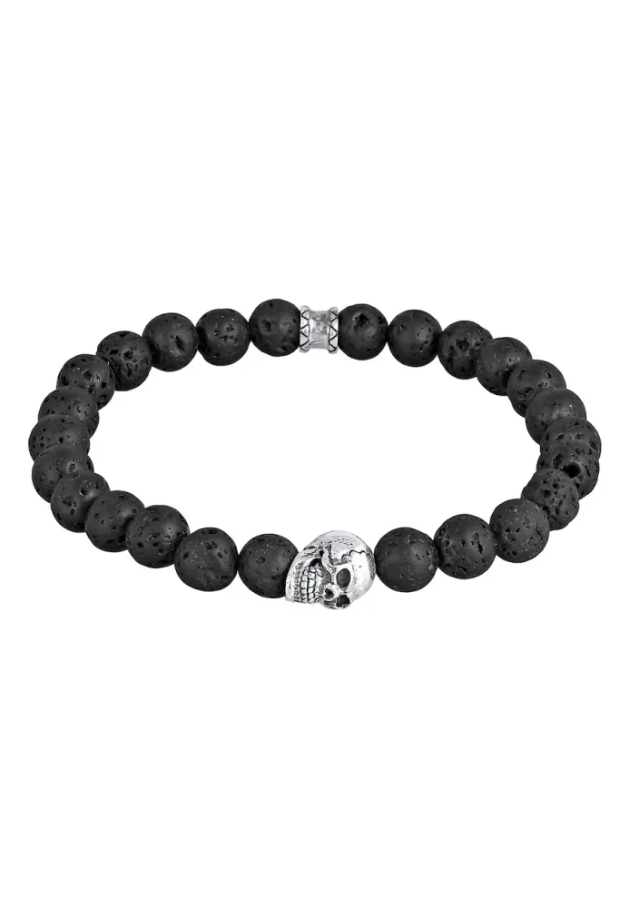 Kuzzoi - Armband  Totenkopf Lava Stein Perlen 925 Silber, 21cm, Schwarz