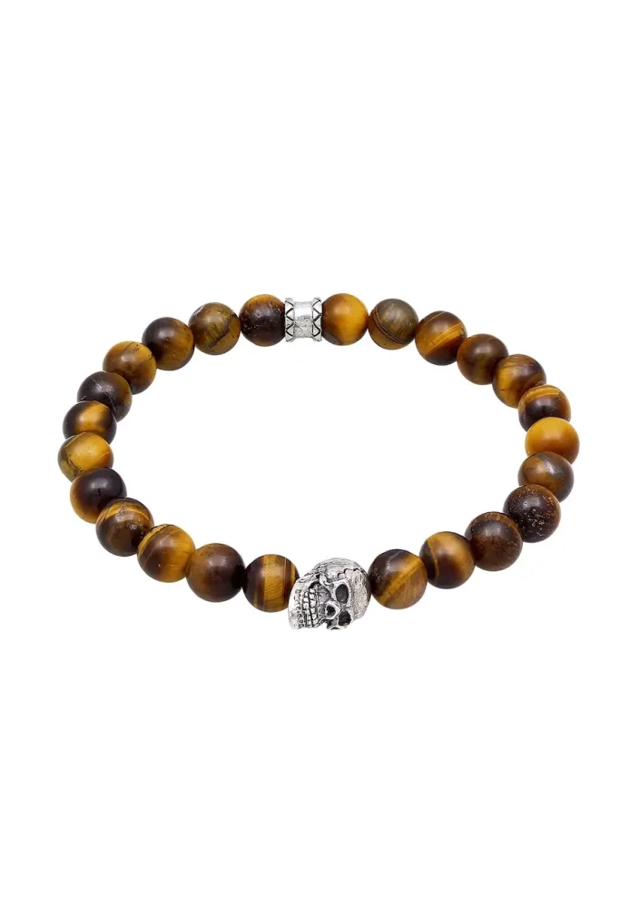 Kuzzoi - Armband  Totenkopf Tigerauge Beads 925 Silber, 21cm, Braun