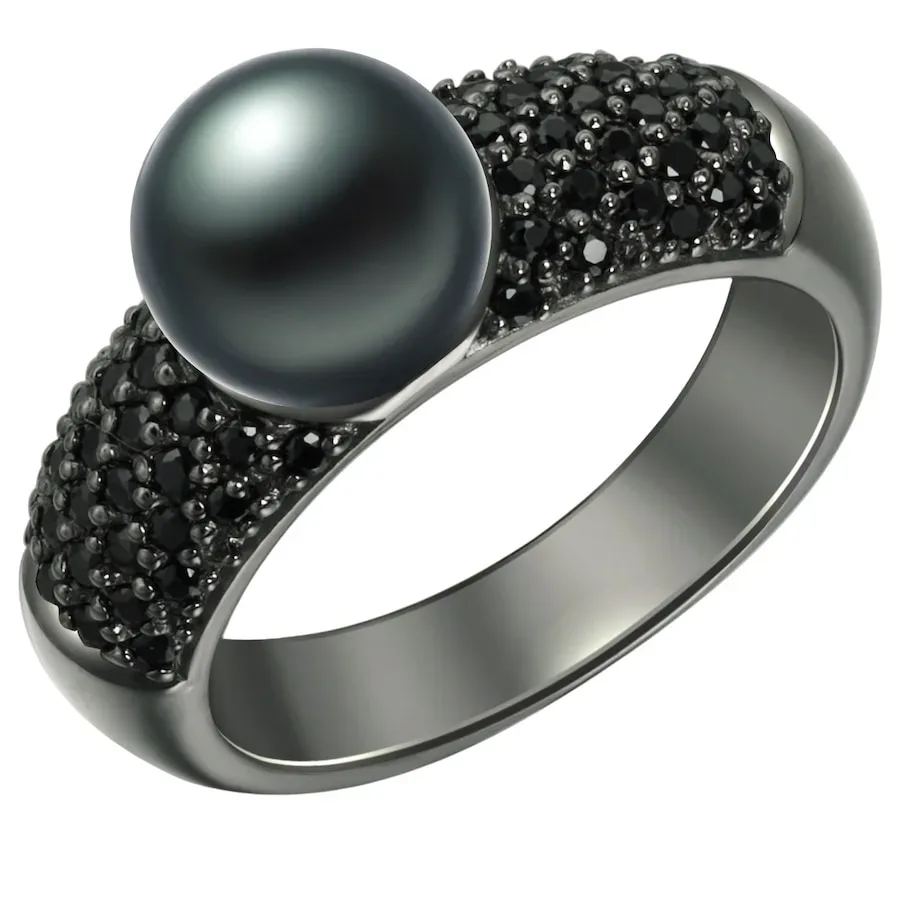 Valero Pearls Perlen-Ring aus Sterling Silber in schwarz mit Zirkonia Süßwasser-Zuchtperle Ringe 1 ct Damen