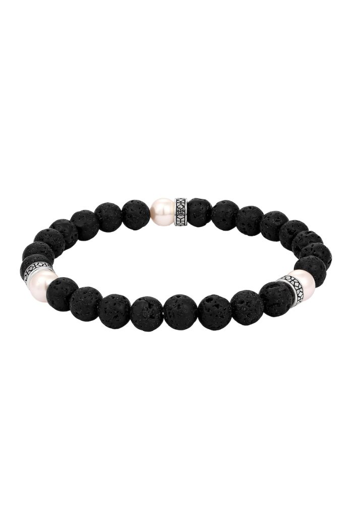 KUZZOI Lava Synthetische Perle Schwarz 925 Sterling Silber Armbänder & Armreife 1 ct Herren