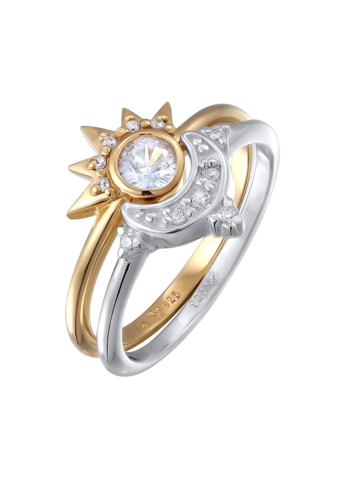 Elli Set Mond Sonne Zirkonia 925 Sterling Silber vergoldet Ringe 1 ct Damen