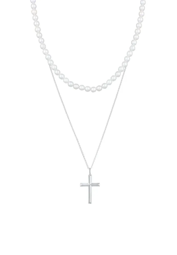 Kuzzoi - Halskette Muschelkernperlen Kreuz Klassik 2Er Set 925 Silber, 45cm