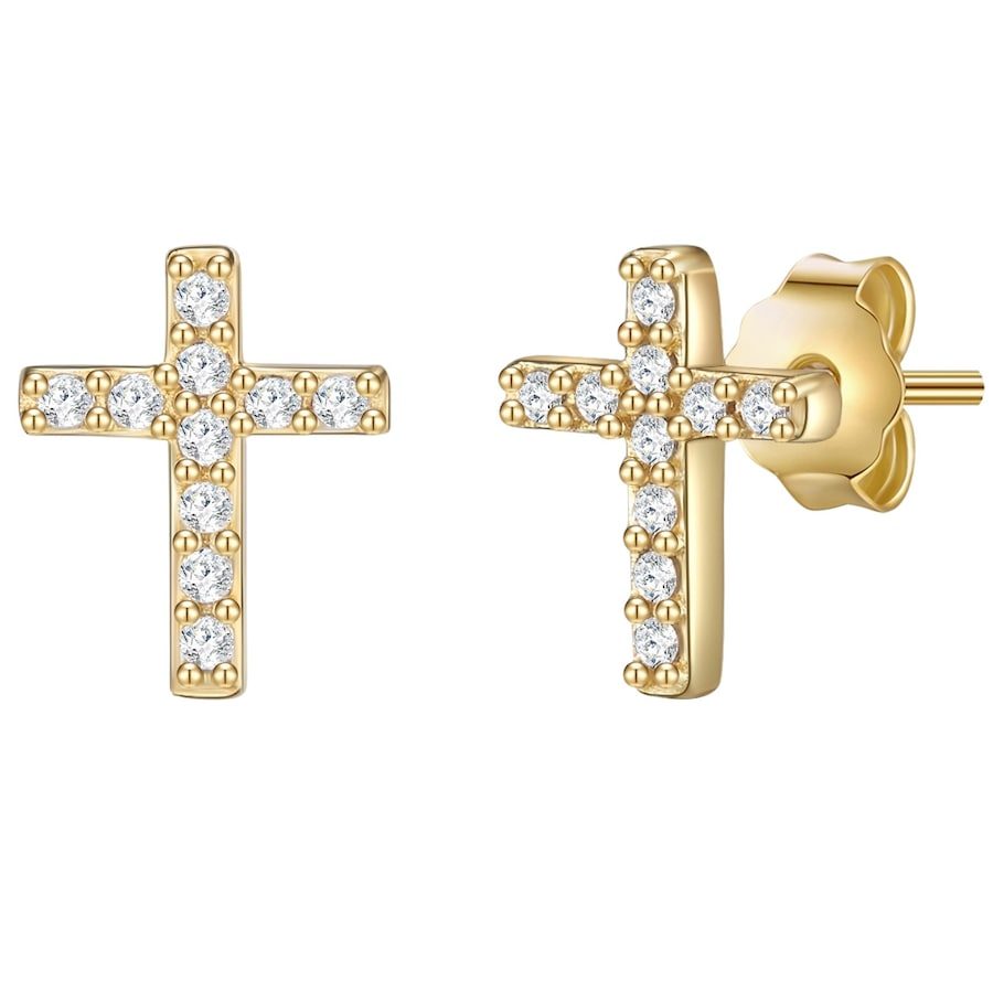 Lulu & Jane Ohrstecker Kreuz aus Messing in Gelbgold mit Zirkonia Ohrringe 1 ct Damen