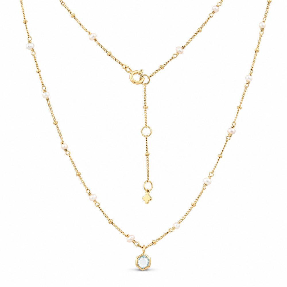 Maja Emulto Halskette - Topaz blau Perlen 925 Silber vergoldet - MEN-3394-TBS-PW