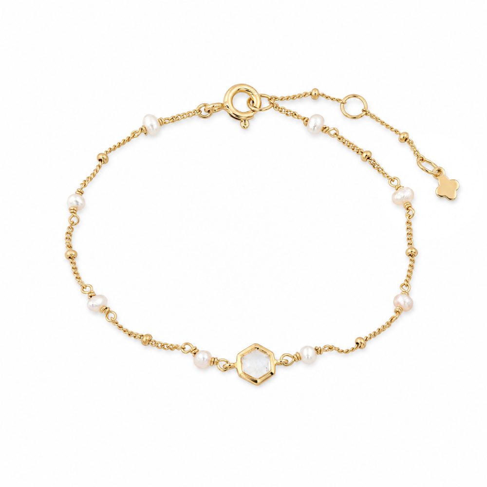 Maja Emulto Armband - Moonstone Rainbow Perlen vergoldet weiß - MEB-3394-MR-PW