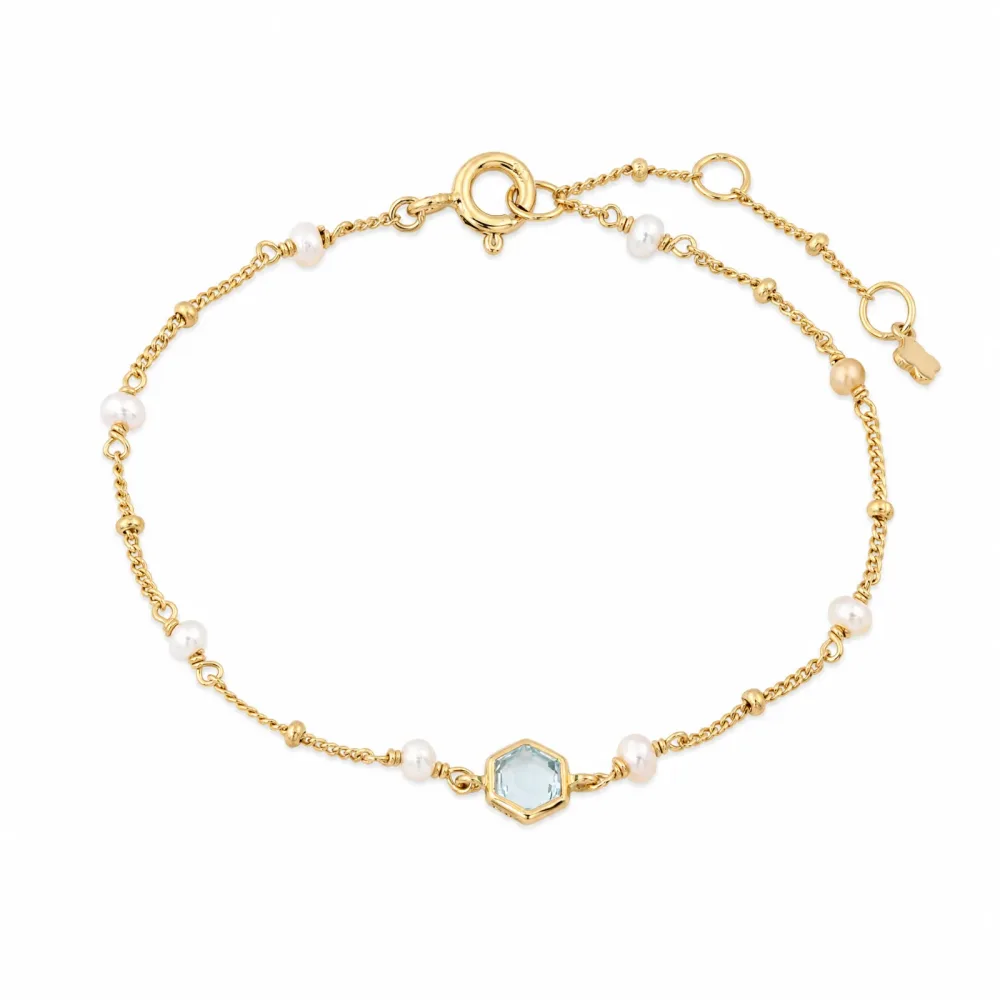 Maja Emulto Armband - vergoldet Topaz blau Perlen weiß - MEB-3394-TBS-PW