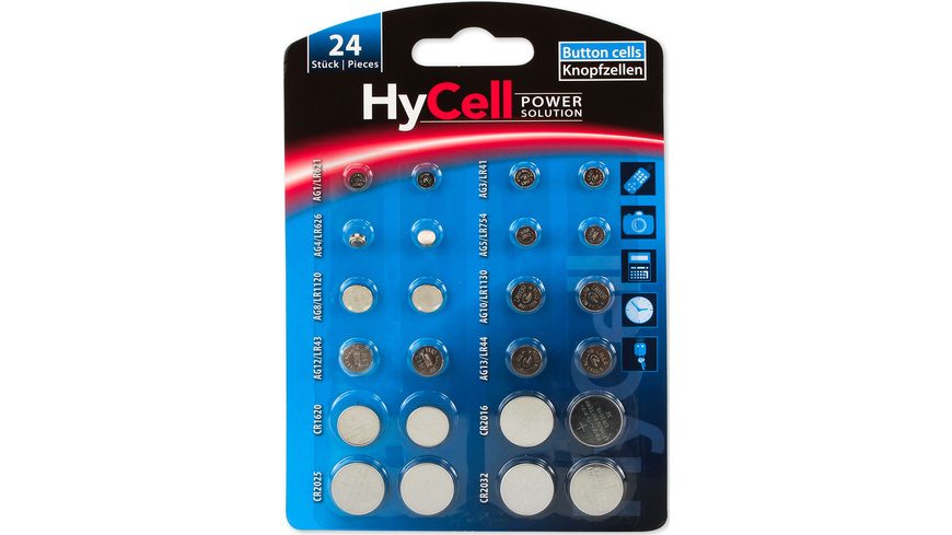 HyCell Knopfzellen-Set je 2x AG 1, AG 3, AG 4, AG 5, AG 8, AG 10, AG 12, AG 13, sowie je 2x CR 1620, CR 2016, CR 2025,