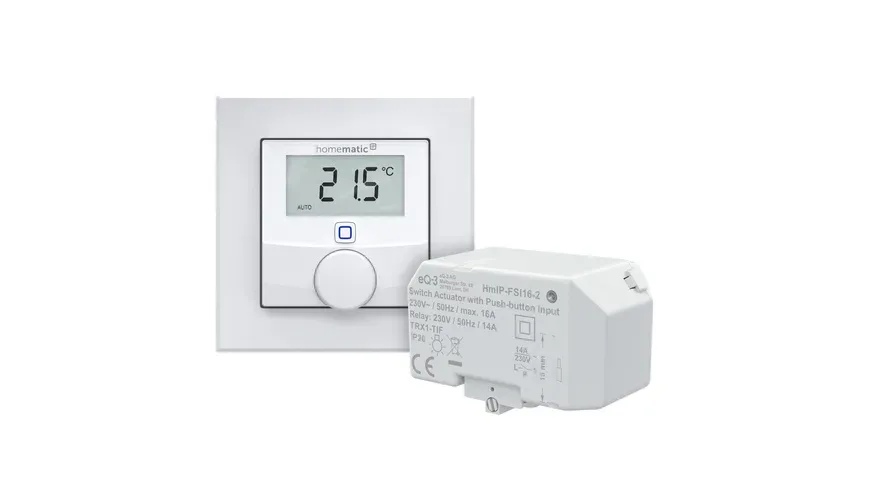 Homematic IP Smart Home Set Elektroheizungssteuerung ? pro mit Wandthermostat mit Luftfeuchtigkeitssensor und Schaltaktor mit Tastereingang (16 A), HmIP-WTH-3 und HmIP-FSI16-2