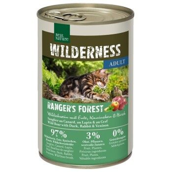 REAL NATURE WILDERNESS Nassfutter Katze, Adult Ranger's Forest, Wildschwein mit Ente, Kaninchen und Hirsch 6x400 g