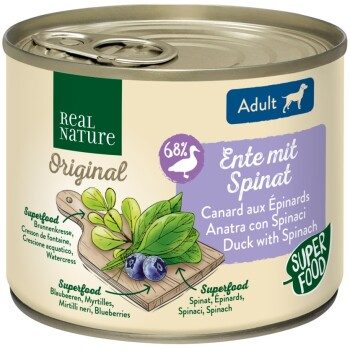 REAL NATURE Original Superfood Nassfutter für Hunde Adult Ente mit Spinat 24x200 g