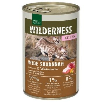 REAL NATURE WILDERNESS Nassfutter Katze, Kitten Wide Savannah, Lamm und Wildschwein 12x400 g
