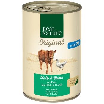 REAL NATURE Original Nassfutter für Hunde Junior Kalb und Huhn 24x400 g