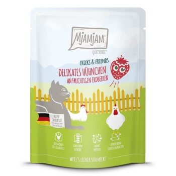 MjAMjAM Nassfutter Katze Adult, Quetschie Chicks & Friends, Huhn und Erdbeere 6x300 g