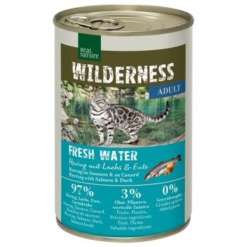 REAL NATURE WILDERNESS Nassfutter Katze, Adult Fresh Water, Hering mit Lachs und Ente 24x400 g