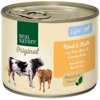 REAL NATURE Original Light Nassfutter für Hunde Rind und Kalb 6x200 g