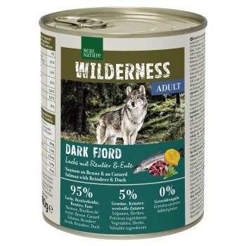 REAL NATURE WILDERNESS Nassfutter für Hunde Adult Dark Fjord, Lachs mit Rentier und Ente 24x800 g