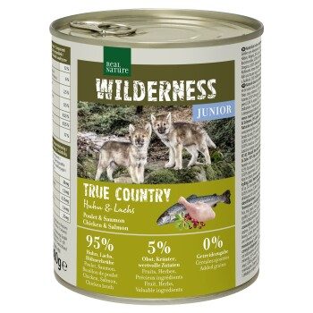 REAL NATURE WILDERNESS Nassfutter für Hunde Junior True Country, Huhn und Lachs 24x800 g