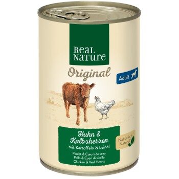 REAL NATURE Original Nassfutter für Hunde Adult Kalbsherzen und Huhn 24x400 g