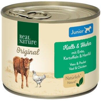 REAL NATURE Original Nassfutter für Hunde Junior Geflügel und Kalb 12x200 g