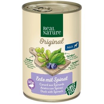 REAL NATURE Original Superfood Nassfutter für Hunde Adult Ente mit Spinat 6x400 g