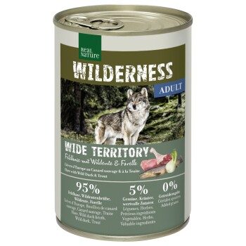 REAL NATURE WILDERNESS Nassfutter Hund Adult Wide Territory, Feldhase mit Wildente und Forelle 6x400 g