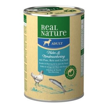 REAL NATURE Original Nassfutter für Hunde Adult Huhn und Nordmeerhering 12x400 g