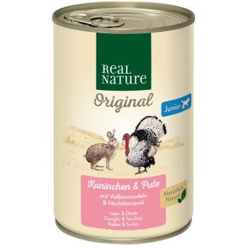 REAL NATURE Original Nassfutter für Hunde Junior Kaninchen und Pute 12x400 g