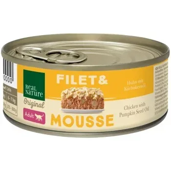 REAL NATURE Original Nassfutter Katze, Adult, Filet & Mousse Huhn mit Kürbiskernöl 12x85 g