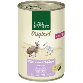 REAL NATURE Original Nassfutter Katze, Adult, Kaninchen und Geflügel mit Leinöl 12x400 g