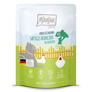 MjAMjAM Nassfutter Katze Adult, Quetschie Chicks & Friends, Huhn und Brokkoli 6x300 g